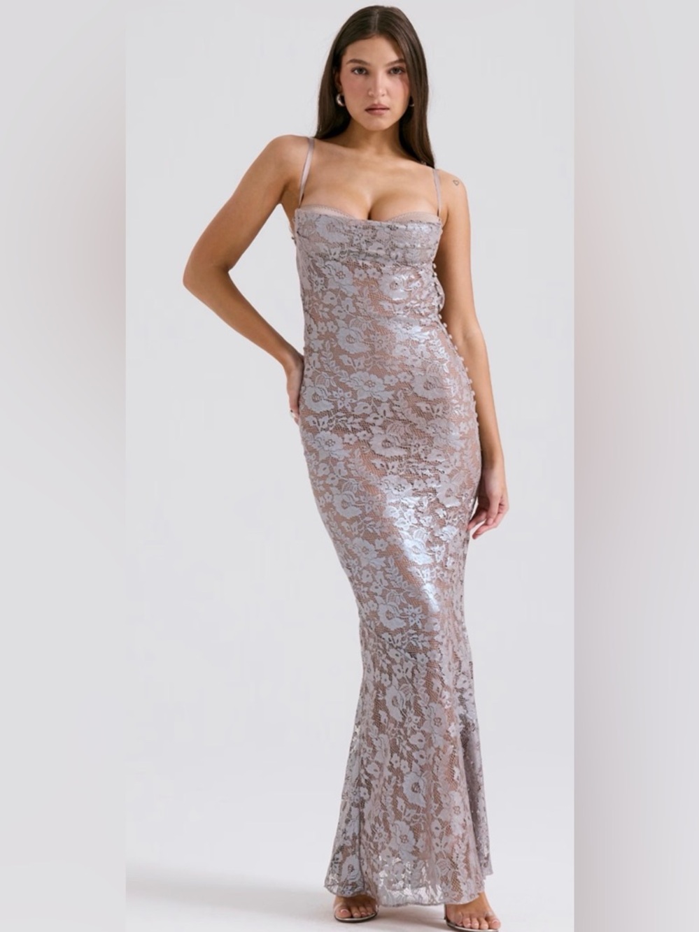 House of CB Silver Lace Slip Gown